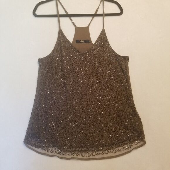 BKE Boutique L Camisole Tank Top Brown Fully Beaded Mesh Lined Going Out Y2K - Picture 1 of 10